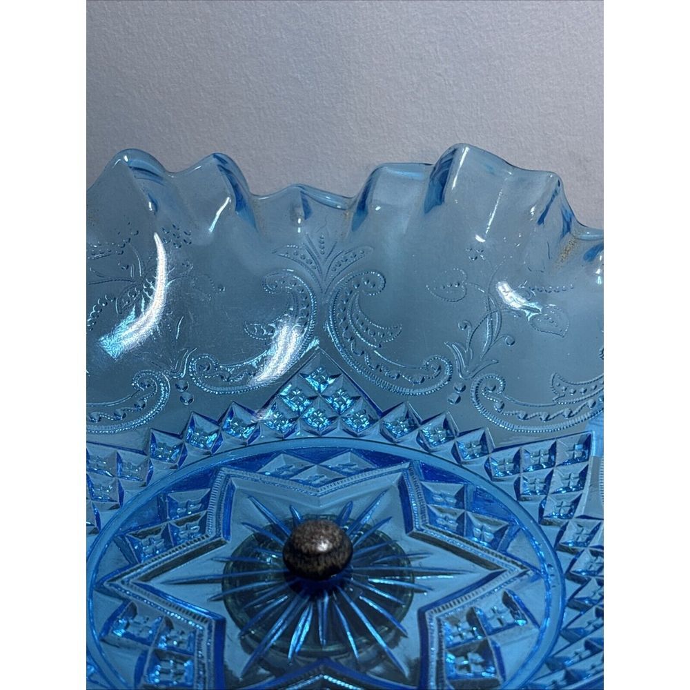 Blue Crimped Ruffled Candy Dish Compote Art Glass 6 Star Paisley Pattern - Picture 8 of 12